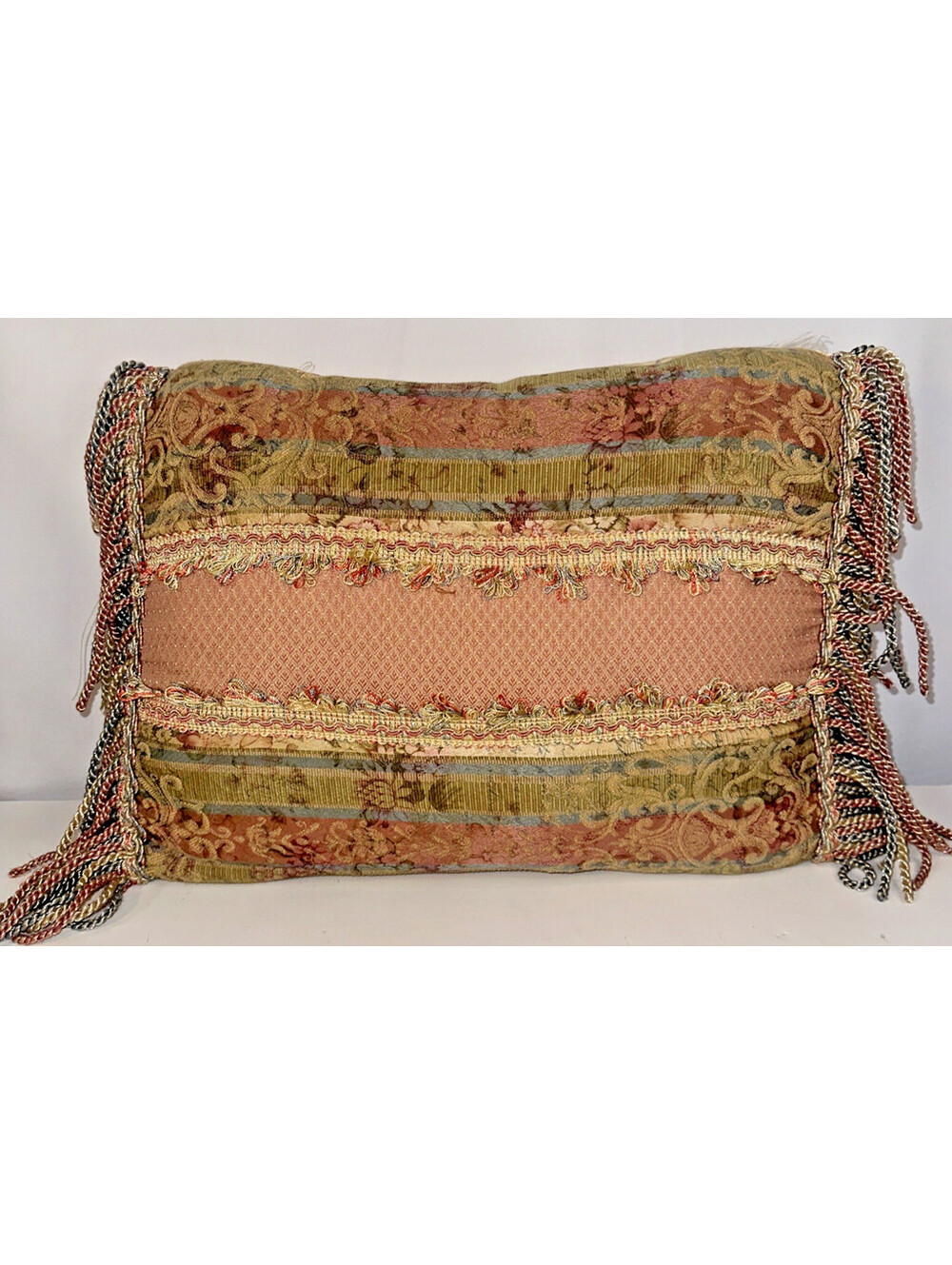 Tapestry Throw Pillow Multi Color Rectangle with Fringe and Lace Accent 17x12